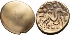 Ancient Greek Celtic, Ambiani. Stater; Celtic, Ambiani; 60-50 BC, Unifaced Stater, 5.77g. DT-242, LT-8710 var. Rx: v. Horse on the right with the remains of a wheel under the tail and a charioteer abo