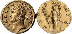 Roman Imperial Gallienus. Aureus; Gallienus; 253-268 AD, Aureus, Siscia, 3.75g. Göbl-1435h (pl. 105, this coin); RIC-38 (misattributed to Rome); C-226 (200 Fr.). Obv: GALLIE - NVS AVG Head l., crowned