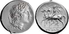 Ancient Greek Campania, Suessa Aurunca. Didrachm; Campania, Suessa Aurunca; c. 265-240 BC, Didrachm, 7.38g. HN Italy-447, SNG France-1152, Sambon-864, Pozzi-106. Obv: Head of Apollo r., trophy behind.