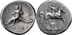Ancient Greek Calabria, Tarentum. Didrachm; Calabria, Tarentum; 280-272 AD, Didrachm, 6.55g. Vlasto-803. Obv: Nude youth, crowning self with wreath and holding reins in left, on horseback right; IΩ to