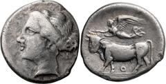 Ancient Greek Campania, Neapolis. Didrachm; Campania, Neapolis; 346-241 BC, Didrachm, 6.86g. SNG ANS-288 (same obv. die, no O below bull on rev.). Obv: Head of nymph l. Rx: Man-headed bull standing l.