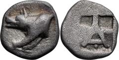 Ancient Greek Argolis, Argos. Achaean League Hemidrachm, ex BCD; Argolis, Argos; 468-421 BC, Hemidrachm, 2.65g. SNG Cop-1ff. Obv: forefront of a wolf l. Rx: Shallow incuse square containing large A, t