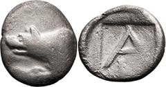 Ancient Greek Argolis, Argos. Triobol; Argolis, Argos; 330-270 BC, Triobol, 2.32g. HGC-667, BCD-2075.1. Obv: Forepart of wolf at bay left. Rx: Large A; axe below; all within incuse square.. Fine
