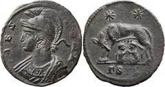 Roman Imperial Constantine I. Nummus; Constantine I; 307-337 AD, Siscia, 334-335 AD, Nummus, 2.13g. RIC-240. Obv: VRBS ROMA, helmeted bust of Roma to left, wearing imperial mantle Rx: She-wolf standin
