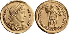 Roman Imperial Valens. Solidus; Valens; 364-378 AD, Antioch, 364-7 AD, Solidus, 4.43g. C-32, RIC-2c, mintmark 4. Obv: D N VALEN - S P F AVG Draped, cuirassed bust r., seen from front, wearing pearl di