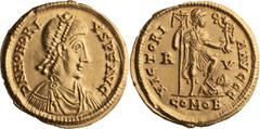 Roman Imperial Honorius. Solidus; Honorius; 393-423 AD, Ravenna, 402-23 AD, Solidus, 4.46g. RIC-1287 (S), Depeyrot-7/1 (p. 188, 763 spec.), C-44 (20 Fr.). Obv: D N HONORI - VS P F AVG Pearl diademed, 