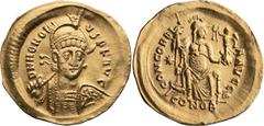 Byzantine Theodosius II. Solidus; Theodosius II; Constantinople, 402-450 AD, Solidus, 4.49g. Depeyrot-73/2, RIC-202. Obv: D N THEODOSIVS P F AVG, helmeted, pearl-diademed and cuirassed bust facing, ho