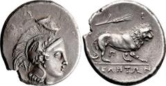 Ancient Greek Lucania, Velia. Didrachm; Lucania, Velia; 305-290 BC, Didrachm, 7.51g. Williams-489, 10; Grose-pl. 46.13 (rev. same die). Obv: Head of Athena r. Rx: Lion walking r., grain ear above. Ex 