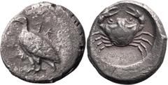 Ancient Greek Sicily, Akragas. Didrachm; Sicily, Akragas; c. 480-470 BC, Didrachm, 8.24g. SNG ANS-950, Jenkins-Group IV. Obv: Eagle standing l., AK behind, PA before. Rx: Crab within shallow incuse ci