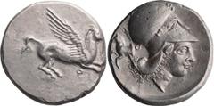 Ancient Greek Corinthia, Corinth. Stater; Corinthia, Corinth; 350-330 BC, Stater, 8.53g. Calciati-145. Obv: Ϙ Pegasos with straight wings flying left. Rx: Helmeted head of Athena to right; behind fore