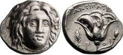 Ancient Greek Caria, Rhodes. Didrachm; Caria, Rhodes; c. 275-250 BC, Didrachm, 6.77g. Ashton, Oxford 2001-186, HGC-1437. Obv: Head of Helios facing slightly to right. Rx: Rose with bud to right; ANTIΠ