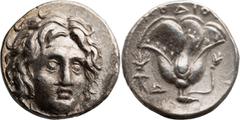 Ancient Greek Caria, Rhodes. Didrachm; Caria, Rhodes; 304-275 BC, Didrachm, 6.89g. Ashton, Oxford 2001-168; HGC-1435; SNG von Aulock-2792. Obv: Slightly facing right head of Helios. Rx: POΔION, Rose w