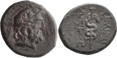 Ancient Greek Mysia, Pergamum. AE 16; Mysia, Pergamum; 133-27 BC, AE 16, 3.88g. SNG von Aulock-1373. Obv: Laureate head of Asklepios r. Rx: AΣKΛHΠIOY ΣΩTHPOΣ, serpent-entwined staff of Asklepios.. EF