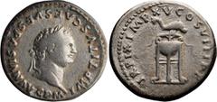 Roman Imperial Titus. Denarius; Titus; 79-81 AD, Rome, 80 AD, Denarius, 3.17g. RIC-128, RSC-321. Obv: IMP TITVS CAES VESPASIAN AVG P M, Laureate head r. Rx: TR P IX IMP XV COS VIII P P, Tripod with fi