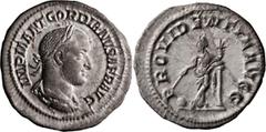 Roman Imperial Gordian II Africanus. Denarius; Gordian II Africanus; 238 AD, Rome, Denarius, 3.11g. BM-19, C-5 (120 Fr.), RIC-1 (R2). Obv: IMP M ANT GORDIANVS AFR AVG Bust laureate, draped, cuirassed 