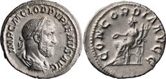 Roman Imperial Pupienus. Denarius; Pupienus; 238 AD, Rome, Denarius, 2.70g. BM-42, C-6 (10 Fr.), RIC-1. Obv: IMP C M CLOD PVPIENVS AVG Bust laureate, draped, cuirassed r. Rx: CONCORDIA AVGG Concordia 