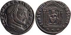 Roman Imperial Maxentius. Nummus; Maxentius; 306-312 AD, Rome, 307 AD, BI Nummus Fraction, 6.23g. RIC-194a. Obv: IMP C MAXENTIVS P F AVG Head of Maxentius, laureate, r. Rx: CONSERVATORES VRB SVAE Roma