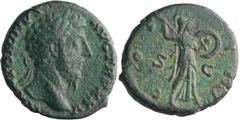 Roman Imperial Marcus Aurelius. 40-as; Marcus Aurelius; 161-180 AD, Rome, 171 AD, As, RIC-991. Obv: M ANTONINVS AVG TR P XXV Laureate head of Marcus Aurelius r. Rx: COS III SC Minerva, helmeted, drape