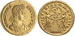 Roman Imperial Constans. Solidus; Constans; 337-350 AD, Aquileia, 340-350 AD, Solidus, 4.46g. RIC-45, Depeyrot-4/2. Obv: Bust right. Rx: VICTORIAE DD NN AVGG, two Victories face each other, holding be