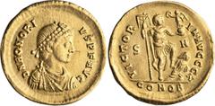 Roman Imperial Honorius. Solidus; Honorius; 393-423 AD, Sirmium, 402-408 AD, Solidus, 4.43g. RIC-15d, Depeyrot-34/3. Obv: D N HONORI – VS P F AVG, Bust right. Rx: VICTORIA AVGGG Z - S-M in fields, COM