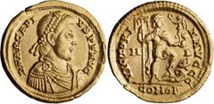 Roman Imperial Arcadius. Solidus; Arcadius; 383-408 AD, Mediolanum, Solidus, 4.43g. RIC-1205, Depeyrot-16/1. Obv: Diademed, draped and cuirassed bust right. Rx: Honorius standing right, with foot on c