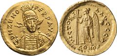 Roman Imperial Zeno (474-491 AD). Solidus; Zeno (474-491 AD); 474-491 AD, Constantinople, Solidus, 4.44g. Berk-26, DO-633, RIC-911 (S). Obv: D N ZENO - PERP AVG Helmeted, cuirassed bust facing, holdin