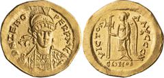 Byzantine Zeno (474-491 AD). Solidus; Zeno (474-491 AD); 474-491 AD, Constantinople, Solidus, 4.40g. Berk-26, RIC-910, officina 7. Obv: Helmeted, cuirassed bust facing, holding spear over right should