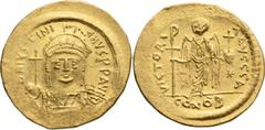 Byzantine Justinian I. Solidus; Justinian I; Constantinople, c. 542-565 AD, Solidus, 4.45g. Berk-44, MIB-7, Sear-140. Ex Berk 161, lot 32.. Mint State
