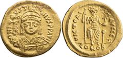 Byzantine Justin II. Solidus; Justin II; Constantinople, 565-578 AD, Solidus, 4.42g. DO-4g, MIB-5, S-345. Obv: Bust of Justin facing, holding Victory on globe in his upraised right hand and with a shi