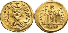 Byzantine Focas. Solidus; Focas; 602-610 AD, Constantinople, 609-610 AD, Solidus, 4.40g. DO-10e, MIB-9, S-620. Obv: Bust facing. Rx: Victory standing, facing, holding a staff topped by Chi-Rho and glo