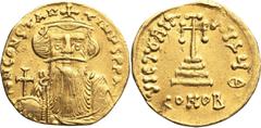 Byzantine Constans II. Solidus; Constans II; Constantinople, 651-654 AD, Solidus, 4.34g. DO-17i, MIB-23. Obv: Crowned and draped bust of Constans II facing, with long beard and moustache, holding glob