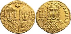 Byzantine Constantine V. Solidus; Constantine V; Constantinople, 741-775 AD, Solidus, 4.44g. Berk-227, S-1551. Obv: COnSTAnTInOS S LEOn O nEOS, Bust of Constantine V, bearded, with his son Leo IV, bea