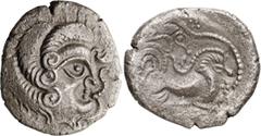 Ancient Greek Celtic. Channel islands . Stater; Celtic. Channel islands ; 100-50 BC, BI Stater, 6.25g. De La Tour-6614. Obv: Celticized head right, hair in large spiral curls. Rx: Stylized biga right;