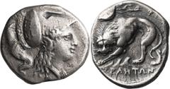 Ancient Greek Lucania, Velia. Didrachm; Lucania, Velia; 305/304-293 AD, Didrachm, 7.17g. Williams-406. Obv: Helmeted head of Athena right; crest holder inscribed ΦΙΛΙΣΤΙΩΝΟΣ. Rx: Lion standing left, h