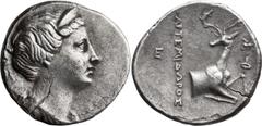 Ancient Greek Ionia, Ephesus. Didrachm; Ionia, Ephesus; 258-202 BC, Didrachm, 6.21g. SNG Aulock-1845 var. (magistrate). Obv: Bust of Artemis r. Rx: Forepart of stag kneeling r., head turned back; to r