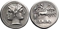 Roman Republic . Didrachm; ; 225-212, Rome, Didrachm, 6.63g. Cr-28/3. Obv: Laureate head of Janus. Rx: ROMA, Jupiter in a quadriga driven by Victory.. toned near m