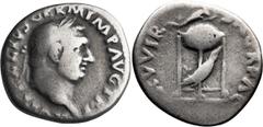 Roman Imperial Vitellius. Denarius; Vitellius; 69 AD, Rome, Denarius, 3.10g. RIC-109. Obv: A VITELLIVS GERM IMP AVG TR P, Laureate head r. Rx: XV VIR SACR FAC, Tripod lebes on which lies a dolphin, be