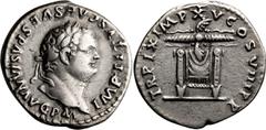 Roman Imperial Titus. Denarius; Titus; 79-81 AD, Rome, 80 AD, Denarius, 3.46g. RIC-119. Obv: IMP TITVS CAES VESPASIAN AVG P M, Laureate head r. Rx: TR P IX IMP XV COS VIII P P, Square seat draped and 