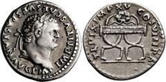 Roman Imperial Titus. Denarius; Titus; 79-81 AD, Rome, 80 AD, Denarius, 3.42g. RIC-109. Obv: IMP TITVS CAES VESPASIAN AVG P M, Laureate head r. Rx: TR P IX IMP XV COS VIII P P, Curule chair surmounted
