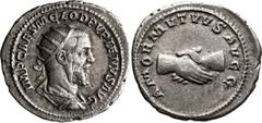 Roman Imperial Pupienus. Antoninianus; Pupienus; 238 AD, Rome, Antoninianus, 3.70g. RIC-9a. Obv: IMP CAES M CLOD PVPIENVS AVG, Radiate bust r. Rx: AMOR MVTVVS AVGG, clasped hands.. Toned EF