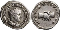 Roman Imperial Balbinus. Antoninianus; Balbinus; 238 AD, Rome, Antoninianus, 4.76g. RIC-12. Obv: IMP CAES D CAEL BALBINVS AVG, Radiate bust r. Rx: PIETAS MVTVA AVGG, clasped hands.. Toned EF