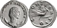 Roman Imperial Mariniana, Diva. Antoninianus; Mariniana, Diva; Rome, 254 AD, Antoninianus, 3.28g. RIC-6. Obv: Veiled bust of Mariniana on a crescent r. Rx: Mariniana seated on a peacock flying toward 