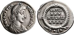Roman Imperial Constantius II. Siliqua; Constantius II; 337-361 AD, Constantinople, 351-355 AD, Siliqua, 3.17g. RIC-102. Obv: Diademed bust r. Rx: VOTIS/XXX/MVLTIS/XXXX within a wreath, C•A in the exe