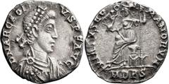 Roman Imperial Arcadius. Siliqua; Arcadius; 383-408 AD, Milan, 395-402 AD, Siliqua, 1.43g. RIC-1227. Obv: D N ARCADI-VS P F AVG, Bust of Arcadius r. Rx: VIRTVS RO-MANORVM, Roma, helmeted, draped, seat