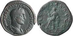 Roman Imperial Gordian I Africanus. Sestertius; Gordian I Africanus; 238 AD, Rome, Sestertius, 21.25g. BM-12, pl. 41 (same obv. die); C-11 (70 Fr.); RIC-11 (R). Obv: IMP CAES M ANT GORDIANVS AFR AVG B