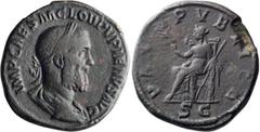 Roman Imperial Pupienus. Sestertius; Pupienus; 238 AD, Rome, Sestertius, 19.75g. RIC-22a. Obv: IMP CAES M CLOD PVPIENVS AVG, Laureate bust r. Rx: PAX PVBLICA S C, Pax, seated, holding branch and scept