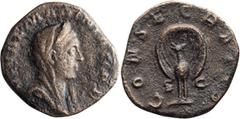 Roman Imperial Mariniana, Diva. Sestertius; Mariniana, Diva; Rome, Sestertius, 14.03g. RIC-9 (R2), Göbl-213d, C-7 (30 Fr.). Obv: [D]IVE MARINIANAE Bust veiled r., wearing stephane. Rx: CONSECRATIO aro