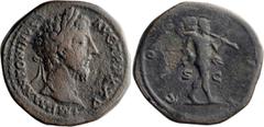 Roman Imperial Marcus Aurelius. Sestertius; Marcus Aurelius; 161-180 AD, Rome, 171 AD, Sestertius, 29.78g. BMC-p. 618. Obv: IMP M ANTONINVS - AVG TR P XXV Head laureate r. Rx: COS III around, S - C ac