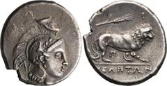 Ancient Greek Lucania, Velia. Didrachm; Lucania, Velia; 305-290 BC, Didrachm, 7.51g. Williams-489, 10; Grose-pl. 46.13 (rev. same die). Obv: Head of Athena r. Rx: Lion walking r., grain ear above. Ex 