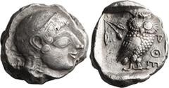Ancient Greek Attica, Athens. Tetradrachm; Attica, Athens; 510 BC, Tetradrachm, 16.87g. Seltman-370, Svoronos-pl 5-23. Obv: Helmeted head of Athena right with full crest. Rx: Owl standing right, head 